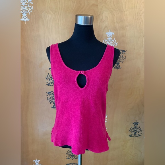 Vintage 80s Raspberry Pink Sleeveless Terrycloth Crop Tank Top Keyhole Detail - Picture 1 of 16